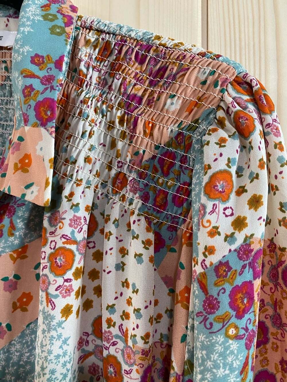 Rose + Olive Floral Patchwork Smocked Blouse Size large - Picture 5 of 10